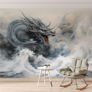 Dragon in the Fog Wallpaper Japanese Asian Wall Mural Chinese Dragon Modern Wallpaper For Living Room Peel and Stick Self Adhesive Art