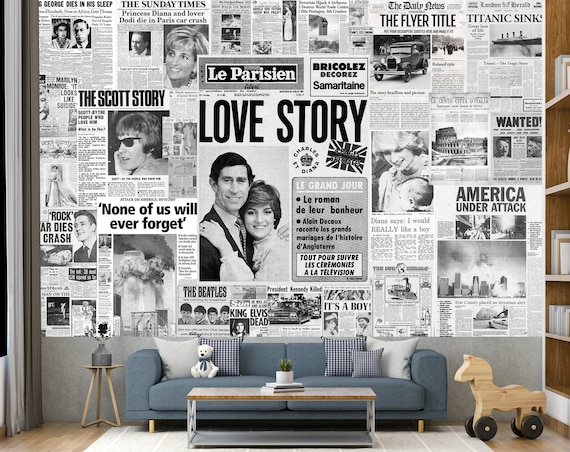 Newspaper Collage Wallpaper & Creative Vintage Journal News Self Adhesive Wall  Art Mural Modern Peel and Stick Decor 