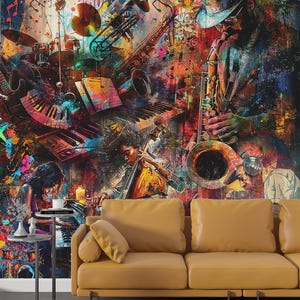 Graffiti Music Wall Mural Colorful Street Art with Jazz, DJ, Reggae & Instruments Urban Music Wallpaper Pop Art Bar Cafe Wallpaper