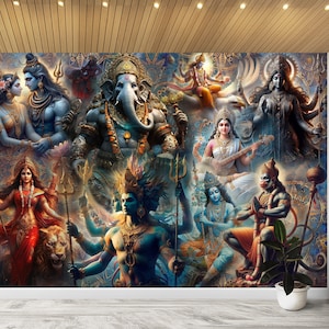 May include: A colorful collage of Hindu deities, including Ganesha, Shiva, and Hanuman, with intricate details and vibrant colors. The deities are depicted in various poses and expressions, creating a dynamic and spiritual composition.