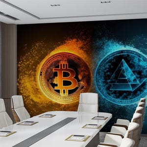 Bitcoin & Ethereum Wallpaper Financial Business, Investing and Trading Wall Mural Peel and Stick Self Adhesive Art Decor Office Wallpaper