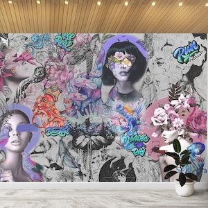 女性ファッション グラフィティ壁紙 壁画 ストリートアート グラフィティ & アーバンスタイル 壁画 モダンウォールアート ポップアート コラージュ 剥がして貼るだけの装飾