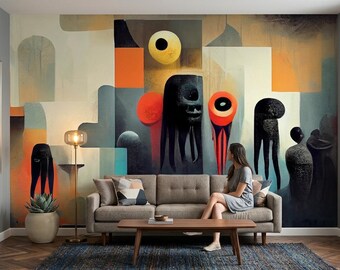 May include: A large wall mural featuring abstract shapes and dark, textured figures in black, orange, and cream tones. The mural is displayed behind a gray sofa, a wooden coffee table, and a floor lamp, creating a bold focal point in the room.