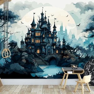 Tovenaarskasteel behang en muurschildering kinderen fantasie print magische kasteelfee Peel and Stick Wall Art Decor Home kinderkamer ontwerp Aangepast formaat
