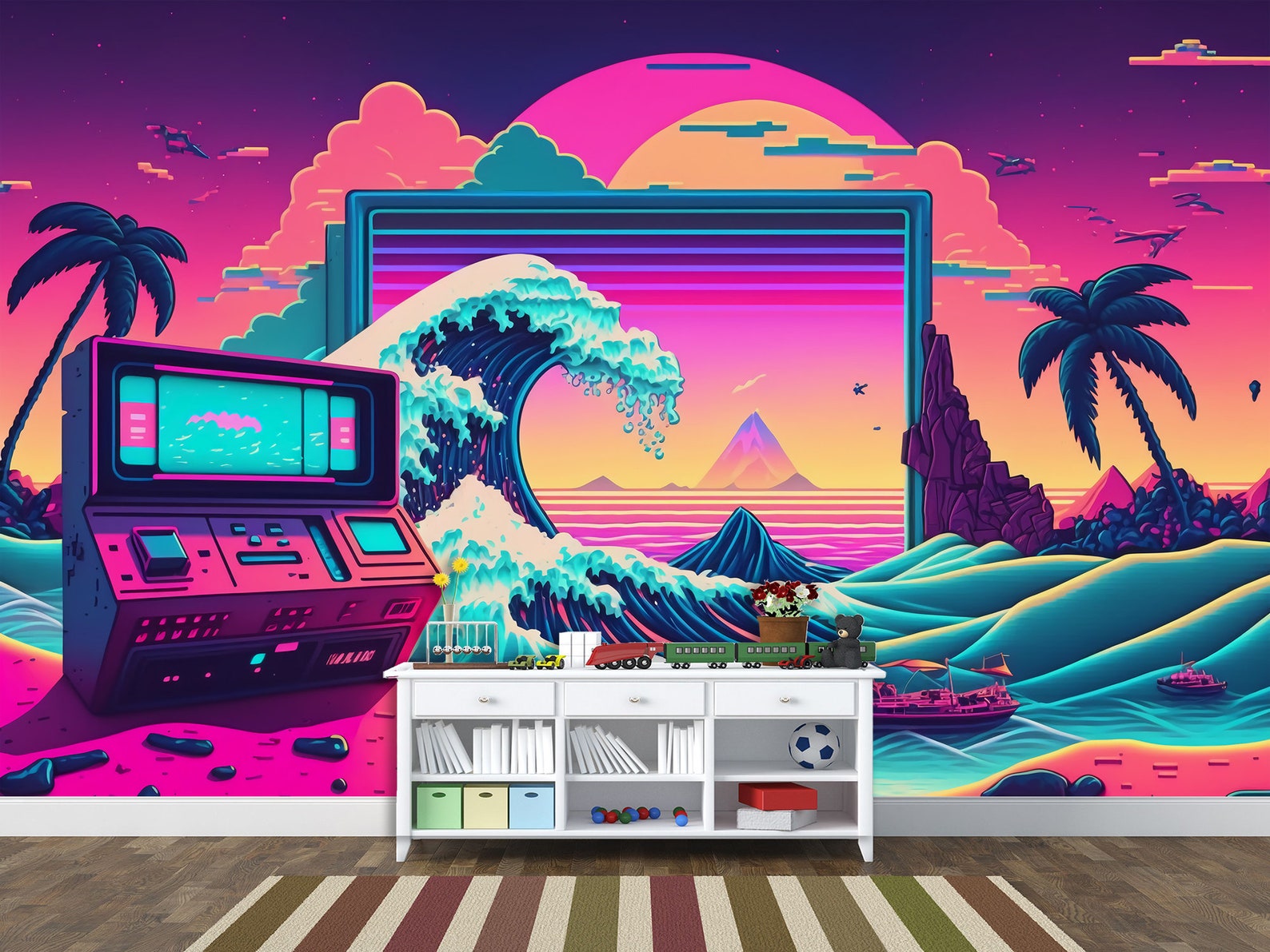 Kanagawa Neon & Vaporwave Wall Art Mural Retro 80's the Great Wave off ...