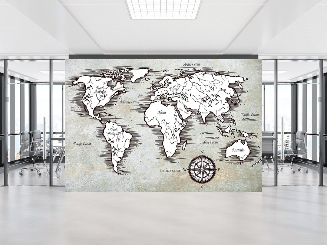 World Map Wall Art Mural & Geographic Wallpaper Travel Map Etsy