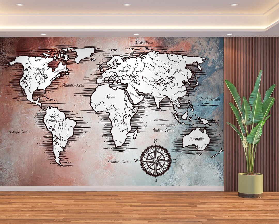 Wallpaper World Map Wall Art Mural & Geographic Travel Map Etsy