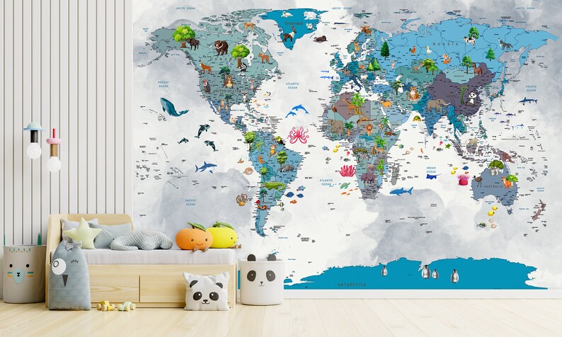 Mural Animal Kids World Map Wallpaper Decor Room Peel and Stick Gift ...