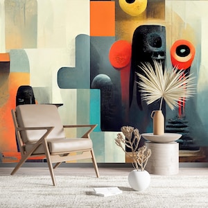 African Tribes Surreal Colored & Wallpaper Abstract Watercolor Style of Primitive Abstraction Wall Art Mural Peel and Stick