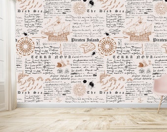 Vintage Nautical Map Wallpaper - Sea Dragon, Pirate Ship Peel and Stick Mural