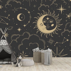 Schwarz & Gold Stern Mond Karte Tapete Astrologie Wandbild Druck Himmel Sterne Karte Schälen und aufkleben Wand Kunst Dekor
