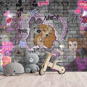 Carta da parati murale con graffiti e cartoni animati Love Story e decorazione per camera da letto per adolescenti con graffiti moderni, stacca e attacca, arte autoadesiva
