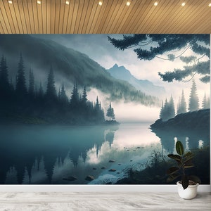 Lake in the Mountains Wallpaper & Wall Mural Landscape Foggy Mountains Nature Forest Mural Self adhesive Living Room Bedroom Peel and Stick