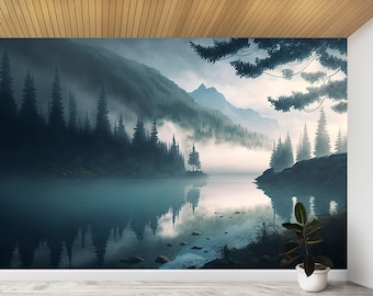 Foggy Mountain Lake Wallpaper Mural, Peel and Stick Landscape