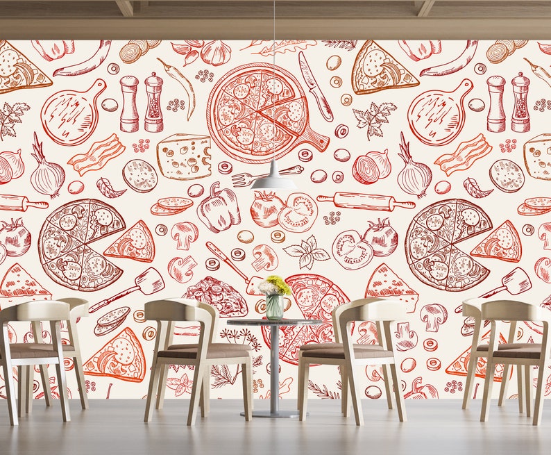 Pizza Food Wallpaper & Wall Art Mural Kitchen Vegetables Modern Decor Restaurant and Kitchen Wall Art Peel and Stick Decor