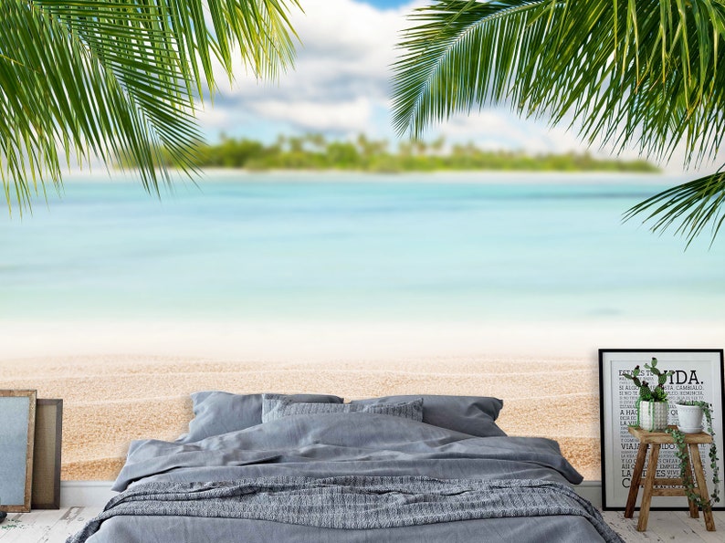 Tropical Sea Beach Wallpaper & Mural Palm Tree Ocean Summer Etsy