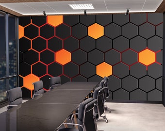 Hexagons Orange Wallpaper Geometric Hi-Tech Abstract Wall Mural Print Peel and Stick Wall Mural Decor Home Games Room Art
