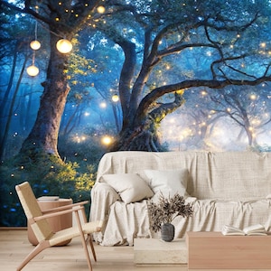 Papel pintado de camino forestal encantado y brillante, impresión de pared de bosque de fantasía mística, mural de pared de bosque, papel pintado despegable y adhesivo para niños, dormitorio de niñas