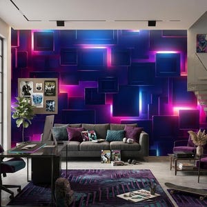May include: A modern living space with a dark wood bookcase, a desk, and a gray sofa. The wall features a neon-lit geometric design in blue and pink. A purple rug and chairs add color.