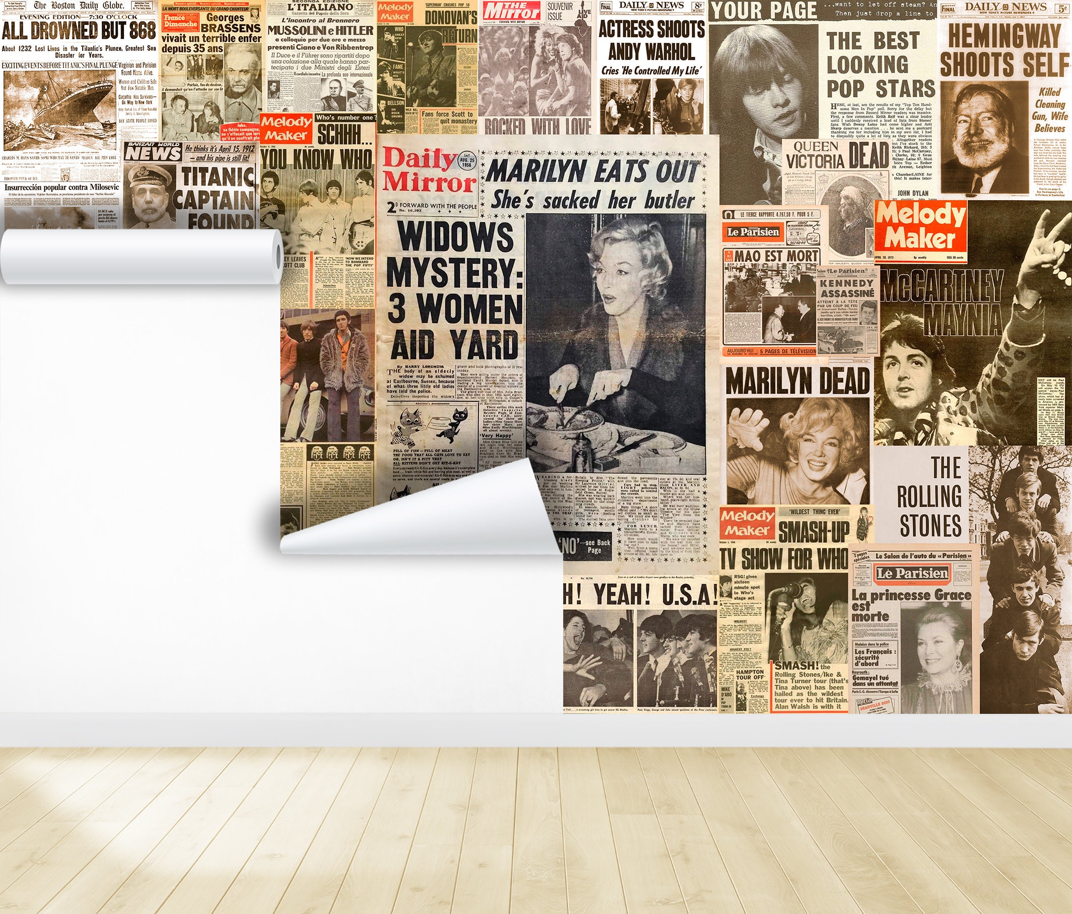 Newspaper Collage Wallpaper & Creative Vintage Journal News Self Adhesive  Wall Art Mural Modern Peel and Stick Decor 