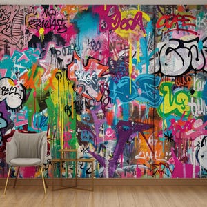 Graffitimuurschildering: funky urban street art Peel and Stick-behang (decor tienerkamer)