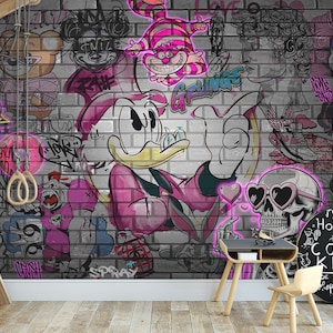 Carta da parati murale con graffiti e arte di strada urbana, decorazione per camera da letto per adolescenti, graffiti moderni, stacca e attacca, arte autoadesiva