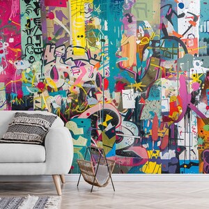 Carta da parati Graffiti Murale Stampa Stacca e Attacca Funky Urban Street Art Decorazione Murale Arte Murale Camera da Letto per Adolescenti Graffiti Autoadesivo