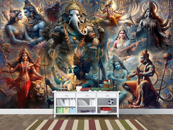 Hindu Mythology Wallpaper Wall Mural Ganesha & Ancient Indian Gods Modern Mythological Peel and Stick Self Adhesive Art