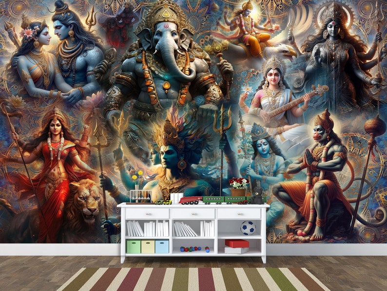 May include: A colorful wall mural featuring Hindu deities, including Ganesha, Shiva, and Hanuman. The mural is painted in a vibrant style with intricate details and a variety of colors.