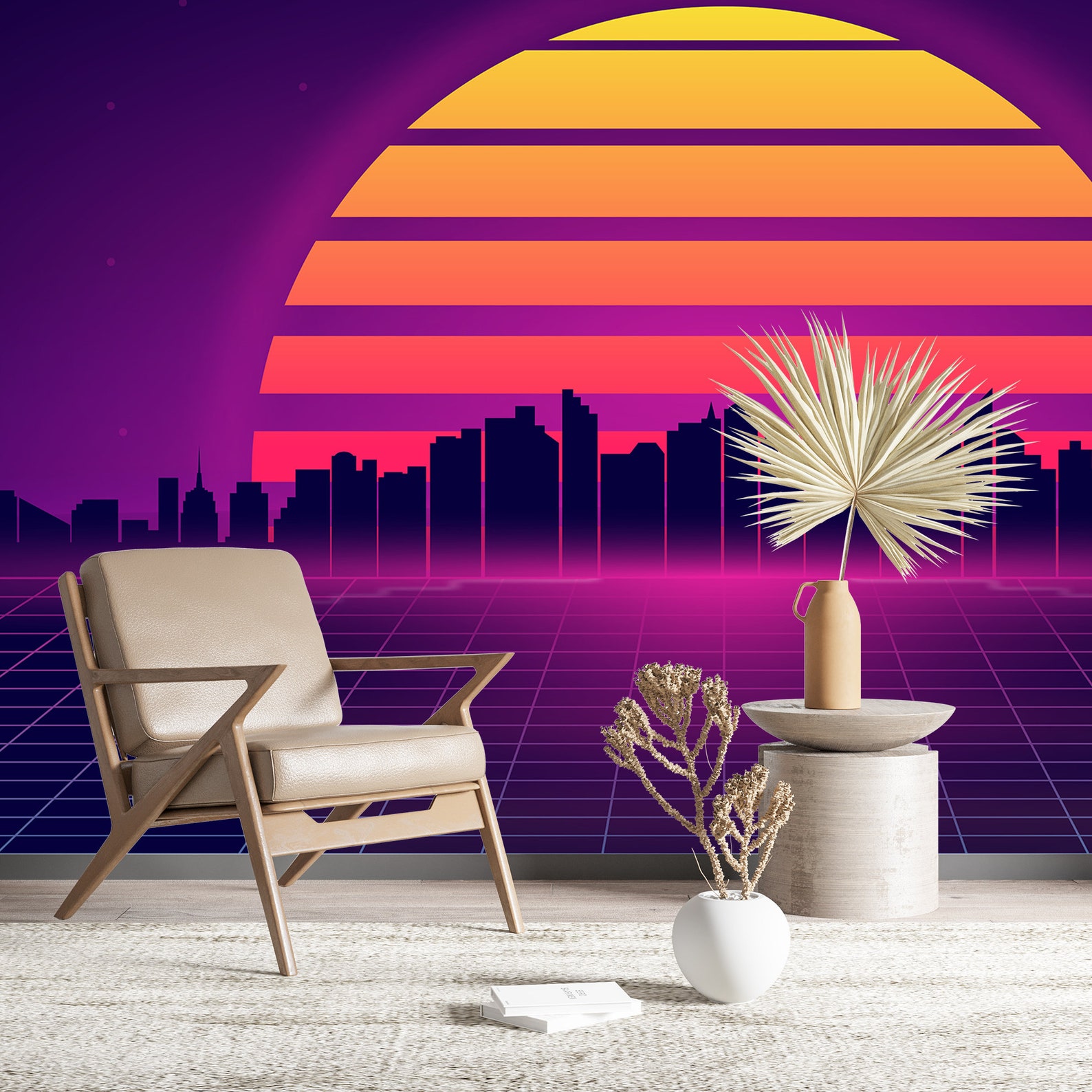 Futuristic Retro Neon Wallpaper Vaporwave Wall Mural Print Synthwave ...