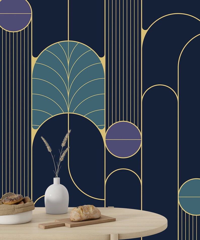 Geometric Wallpaper Art Deco Modern Wall Mural Dark Geometric Etsy