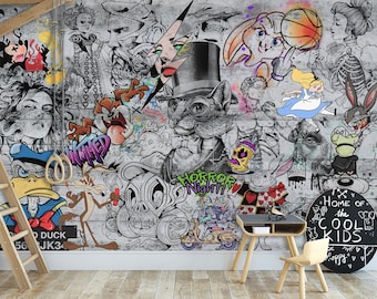 Cartoon Graffiti Wallpaper Mural - Urban Street Art Peel and Stick Decor