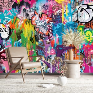 Carta da parati murale con graffiti, stampa, stacca e attacca, arte urbana funky, decorazione da parete, camera da letto per adolescenti, graffiti autoadesivi