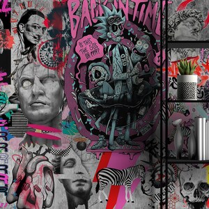 Op de afbeelding: Een collage van kleurrijke en abstracte afbeeldingen, waaronder een zebra, een schedel, een hart en een cartoonfiguur. De tekst "Back in Time" is geschreven in roze letters op een grijze achtergrond. De tekst "Is this the 50s or 80s?" is geschreven in witte letters op een roze achtergrond.