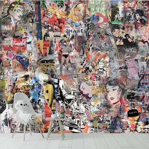 グラフィティポスター ポップアート 壁紙 壁画 & ストリートアート グラフィティ アーバンスタイル レトロ壁画 モダンウォールアート コラージュ 剥がして貼るだけの装飾