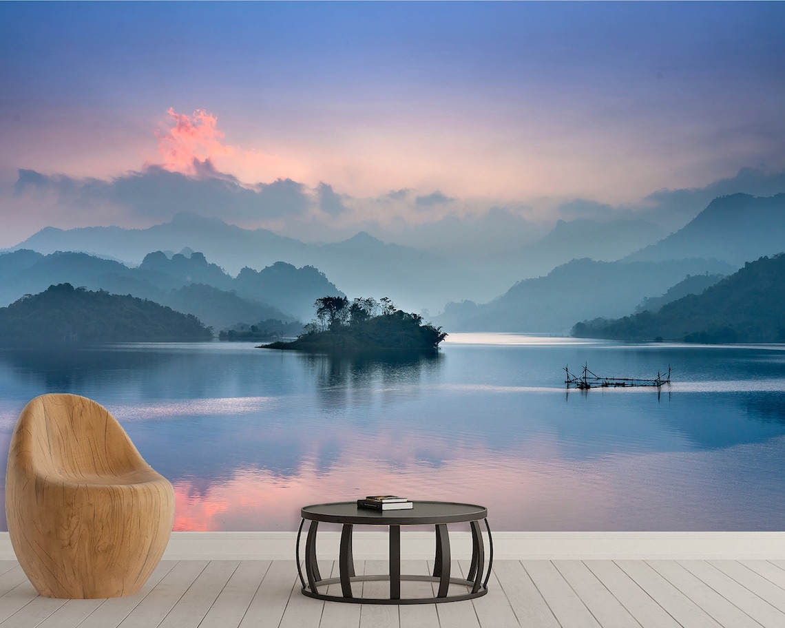Lake & Mountain Landscape Mural, Peel and Stick Vinyl Wallpaper - Etsy