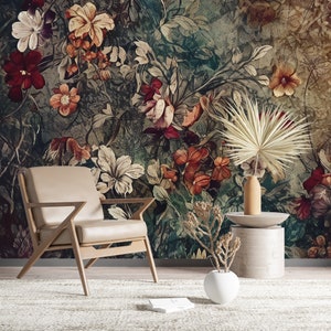 Mural de pared con papel tapiz floral vintage y papel tapiz de flores botánicas para pared, decoración para habitación con autoadhesivo