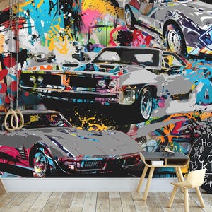 Colorful Graffiti Cars Wallpaper Urban Streat Art Mural Gamer Playroom Teen Style Cars Boys Wall Mural Modern Peel and Stick Self Adhesive