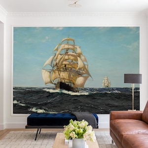 Old Ship Oil Painting Wall Mural Nautical & Rural Vintage Wallpaper Painted Ship Landscape Wallpaper Peel and Stick Wall Decor Home Room