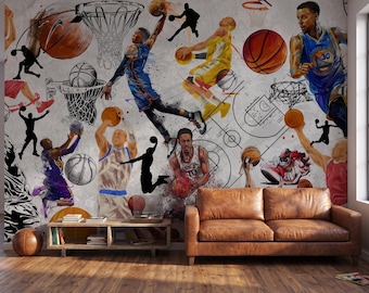 Basketball Collage Wall Mural Vintage Street Art Accent Wallpaper