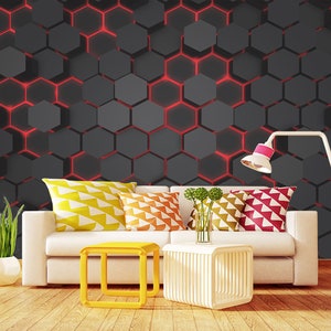 Luxury Abstract Geometric Pattern Wallpaper Hexagons Hi-Tech Red & Dark color Wall Mural Print Peel and Stick Wall Art Mural Decor Home