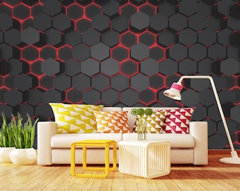 Luxury Abstract Geometric Pattern Wallpaper Hexagons Hi-Tech Red & Dark color Wall Mural Print Peel and Stick Wall Art Mural Decor Home