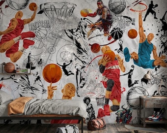 Basketball Graffiti Wall Mural Boys Room Sports Sketch Wallpaper Teen Bedroom
