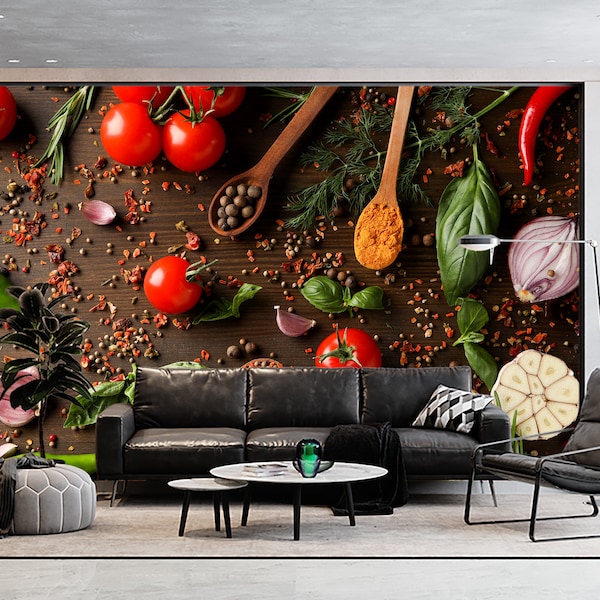 Seasonings and Spices Food Wallpaper & Wall Art Mural Kitchen Vegetables Modern Decor Restaurant and Kitchen Wall Art Peel and Stick Decor