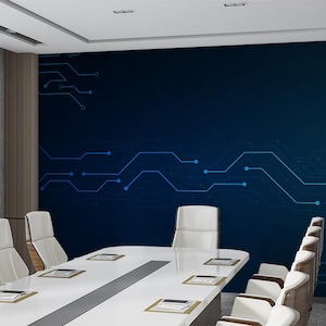 May include: A modern conference room with a large white table and cream-colored chairs. The wall features a dark blue gradient with a circuit board design in light blue. The room has a professional and tech-focused aesthetic.