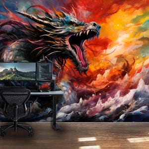 Dragon Wallpaper Wall Mural Colorful Japanese Asian Dragon Wall Mural Modern Peel and Stick Self Adhesive Art Dragon Storm Chinese Wallpaper