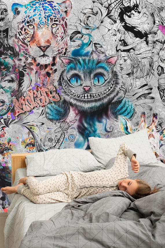 原画/絵画/猫/インテリア/Graffiti on the wall Vibrant Graffiti Art Black Cat Wall Decor - Street Art Style