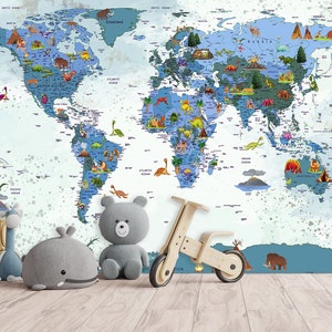 Wandbild Kinderzimmer Tapete Dekor Weltkarte & Spielzimmer Abziehen und aufkleben Tapete Tiere Kinder Weltkarte Geschenk für Jungen Drucken Dinosaurier Wandbild