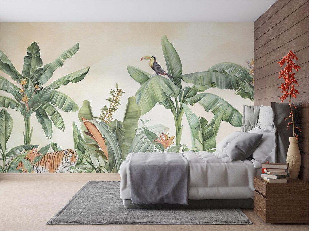 Tropical Safari Wallpaper & Watercolor Palms Exotic Animals Wall Art ...