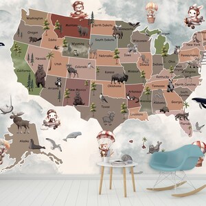 Kinderzimmer Karte Wallpaper für Spielzimmer Wandbild der Karte USA Wallpaper mit Tieren Kinderzimmer Druck Schälen und aufkleben Tierkarte Wandbild Tapete